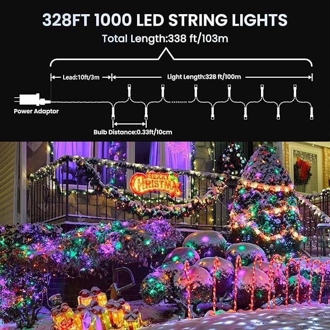 338Ft Christmas Lights Outdoor, 1000 LED Christmas String Lights with 8 Modes, Timer, Waterproof Fairy Twinkle Lights for Party, Garden, Wedding, Holiday, Weddings, Xmas Tree Decorations (Multicolor)
