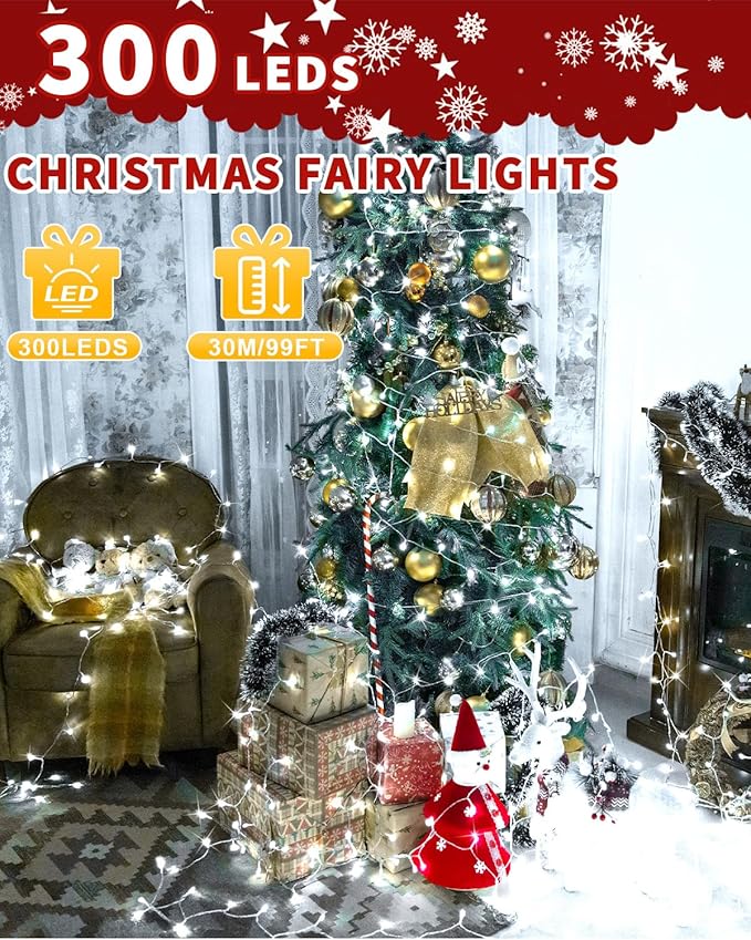 Christmas Lights, 8 Modes Waterproof Timer Dimmable Memory LED Fairy String Light with Remote for Holiday Party Wedding Camping Xmas Tree Indoor Outdoor Decor (Cold White, 108FT 300 LED)