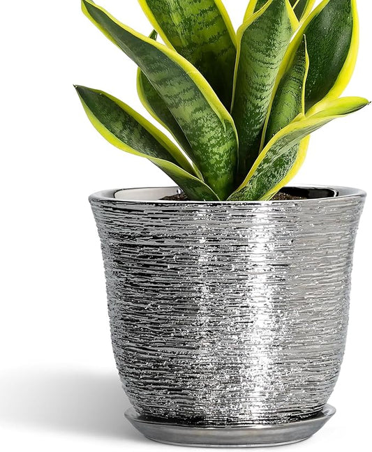 Ceramic Pots for Plants - 8 Inch Plant Pot with Drainage Hole and Saucer, Round Planters for Indoor Outdoor, Modern Planter, Decorative Flower Pots, Home Decor, House Warming Gifts, Silver