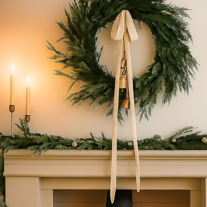 Janinka 6 Pcs Beige Velvet Christmas Swag Bow 31.5 x 23.6 inch Large Neutral Cream Christmas Ornament Vintage Rustic Velvet Staircase Wreath Bows Xmas Tree Topper Bows Large Bow for Outdoor