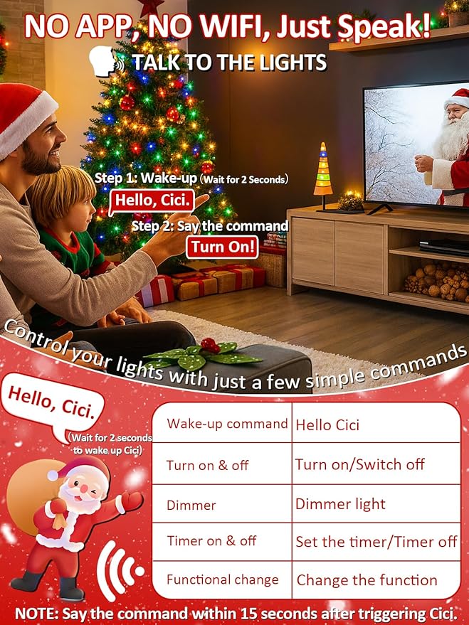 Voice Controlled Smart Christmas Lights Outdoor, 75.8ft 200 LED Extendable String Lights with 7 Voice Commands, 12 Modes & Timer, Waterproof Christmas Decorations for Party Tree Garden(Multicolor)