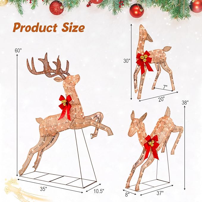 Tangkula 3 Pieces Lighted Christmas Reindeer, Holiday Reindeer Family Set with 255 Warm White Lights, Stakes, Indoor Outdoor Reindeer Christmas Decoration for Lawn Yard Garden