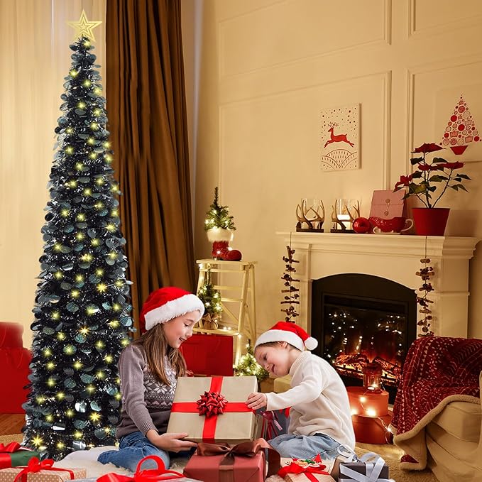 HMASYO 6 FT Pop Up Christmas Tree with 100 LED Lights & Remote, Black Christmas Tinsel Tree, Collapsible Artificial Pencil Tree for Home Office Party Decor, USB Powered Timer Lights, Easy Assembly