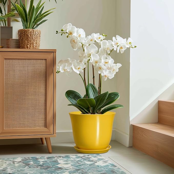 12 Inch Plant Pot - Ceramic Plant Pots with Drainage Hole and Saucer, Large Round Planter for Indoor Outdoor, Modern Flower Pot, Decorative Planters, Home Garden Decor, Garden Gifts, Yellow