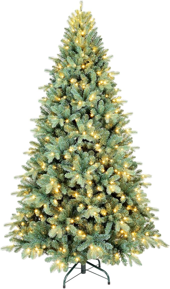7 Ft Pre-Lit Artificial Christmas Tree, w/ 500 LED Warm Lights, 1838 PE&PVC Mixed Branch Tips, Faux Xmas Tree for Home, Office, Party Decoration, Easy Assembly, Metal Hinges & Foldable Base