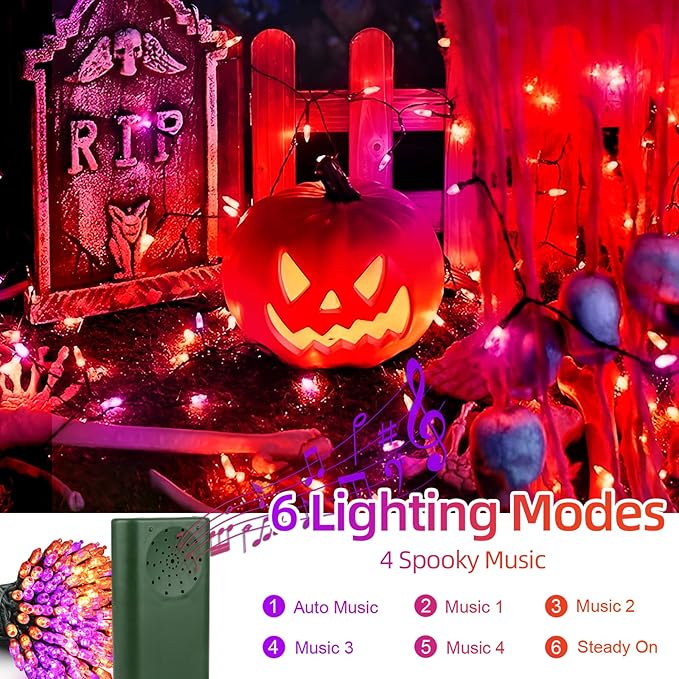 Halloween Lights 33ft 100 LED Battery String Lights with Motion Sensor Spooky Music or Battery Powered Orange & Purple 2 Colors in 1 Halloween Indoor Outdoor Decor