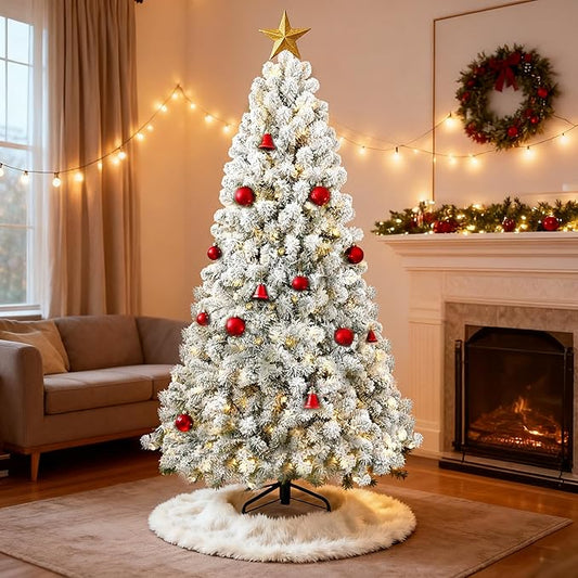 6ft Per-Lit Snow Flocked Christmas Tree, Artificial Christmas Tree with 300 Warm White Lights,779 Branch Tips, Premium Green Full Xmas Tree for Easy Holiday Setup, Foldable Metal Base