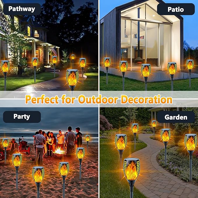 Upgraded 8 Pack Super Larger Size Solar Torch Lights with Flickering Flame, Extra Bright Solar Lights Christmas Decorations, Christmas Tiki Light Outdoor Waterproof for Garden Pathway Auto On and Off