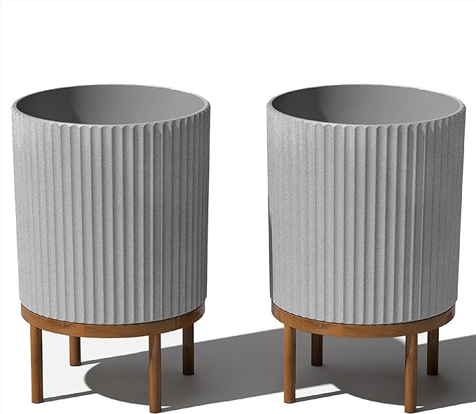 Veradek Demi Series Round Planter w/Stand for Porch/Patio | Durable Plastic-Stone Composite & Wooden Stand | Modern Décor for Tall Plants, Flowers