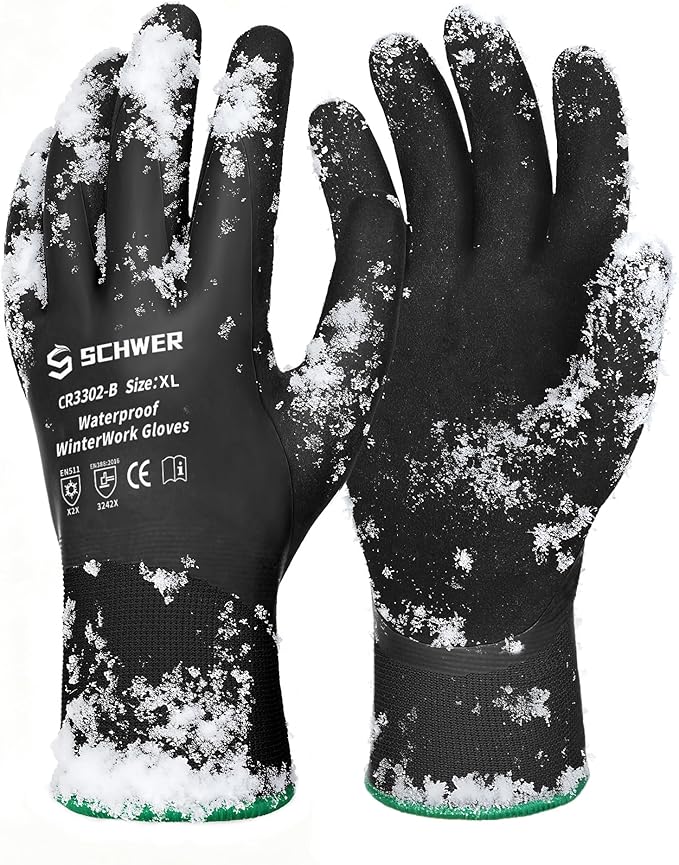 Schwer 2 Pairs Waterproof Winter Work Gloves, ANSI A2 Cut Resistant Freezer Gloves for Outdoor Cold Weather Keep Hands Warm, Thermal Insulated Gloves for Shoveling Snow, Ice Fishing, Super Grip, XL