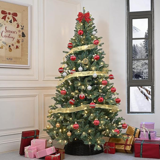 7.5 Ft Pre-Lit Artificial Christmas Tree, w/ 550 LED Warm Lights, 2148 PE&PVC Mixed Branch Tips, Faux Xmas Tree for Home, Office, Party Decoration, Easy Assembly, Metal Hinges & Foldable Base