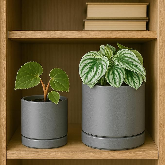 D'vine Dev 3.5 Inch & 4.7 Inch Ceramic Planter Pots for Plants with Drainage Hole and Saucer, X-Small Plant Pots Set, Speckled Grey, 94-G-XS-3