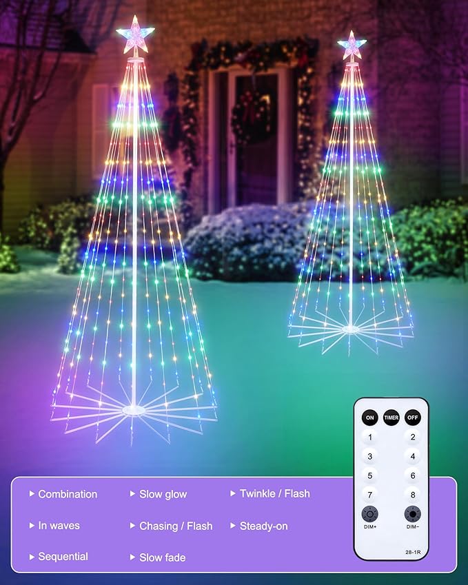 Christmas Cone Tree Light, 7ft 295 LED Light Show Christmas Tree with 8 Modes Timer Remote, Dimmable Artificial Christmas Tree for Porch Yard Patio Indoor Outdoor Xmas Holiday Decor, Multicolor