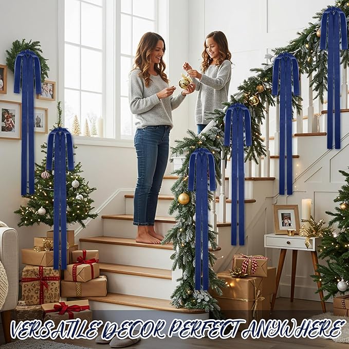 Janinka 6 Pcs Haze Blue Velvet Christmas Swag Bow 31.5 x 23.6 inch Large Vintage Christmas Ornament Rustic Velvet Staircase Wreath Bows Xmas Tree Topper Bows Large Bow for Outdoor