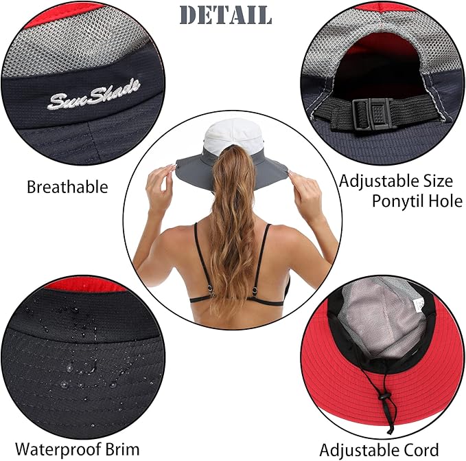 Womens Summer Sun Hat Beach Hat Wide Brim Outdoor UV Protection Hat Foldable Cool Mesh Ponytail Bucket Hat