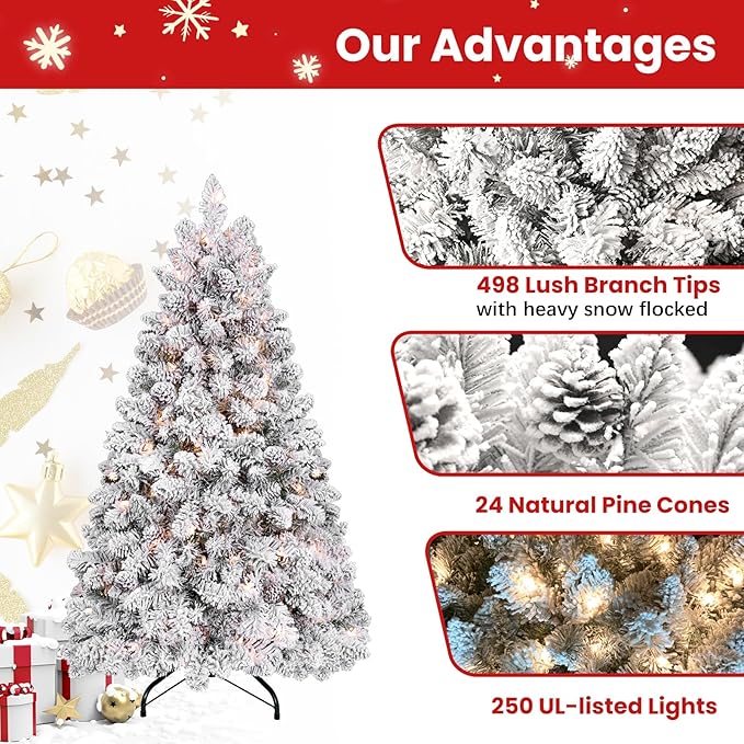 4.5 ft Prelit Flocked Christmas Tree with Pine Cones & 250 UL Lights, Snow Frosted Artificial Christmas Tree with Auto Hinged Branches for Holiday Decor