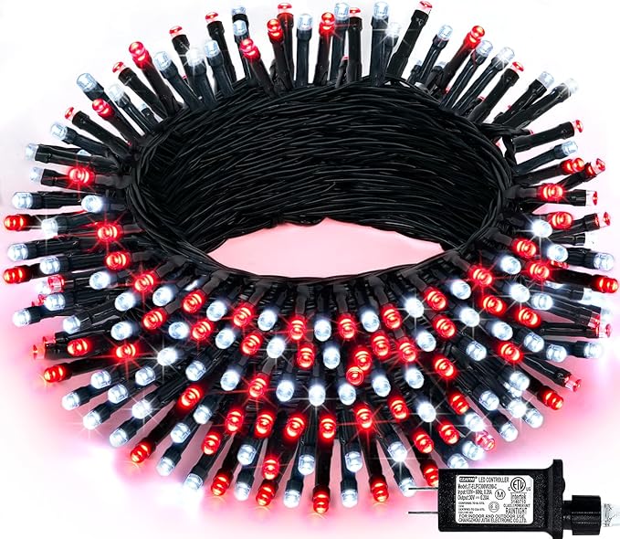 JMEXSUSS 66ft 200 LED Red and White Christmas Lights, Outdoor String Plug-in, Expandable for Tree Outside Party Home Decorations