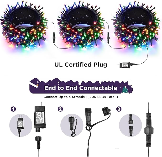 WBao Christmas Lights Indoor Outdoor 300LED 108ft, Super Bright LED Christmas String Lights with UL Certified, 8 Modes, Timer, Connectable & Waterproof for Trees, Patio, Xmas Party Decor, Multicolor