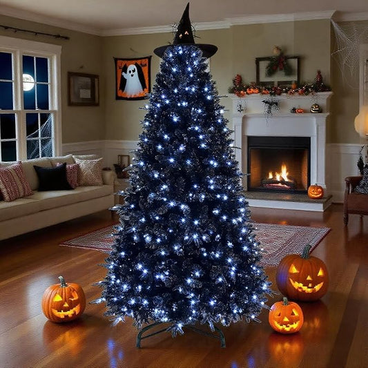 6FT PreLit Black Christmas Tree with 350 Lights, Artificial Fake Christmas Tree with 1460 PE&PVC Branch Tips, Halloween and Xmas Tree for Holiday Decorations, Metal Stand and Hinged Branches