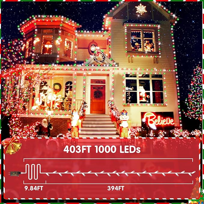 XURISEN 403FT 1000 LED Christmas Lights Outdoor Green Wire String Lights 8 Modes with Timer Memory Waterproof Fairy Light Plug in for Xmas Tree Wedding Yard Party Holiday Decorations(Red+Green+White)