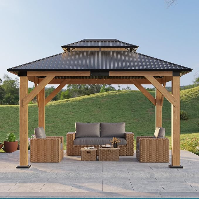 10x12 FT Wood Gazebo, Outdoor Hardtop Gazebo with Aluminum Double Roof, Outdoor Wooden Pavilion for Parties, Backyard, Patio, Lawns, Black + Natural Wood