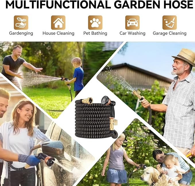 75 ft Expandable Garden Hose - Kink Free Flexible Water Hose with Thumb-Controlled 10-Function Nozzle, 3/4 Solid Brass Connectors, Retractable Latex Core - Lightweight Expanding Hose
