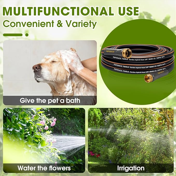 Heavy Duty Garden Hose – 5/8 Inch Flexible, Lightweight Hybrid Hose with 600 PSI Burst Pressure, Swivel Handle, and Durable Copper Male/Female Fittings (Black, 25FT)