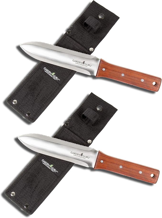 Garden Guru Hori Hori Garden Knife for Weeding, Digging, Pruning, and Cultivating - Stainless Steel Full Tang Blade | Marks for Measuring Planting Depth | Nylon Sheath for Storage (2 Pack)