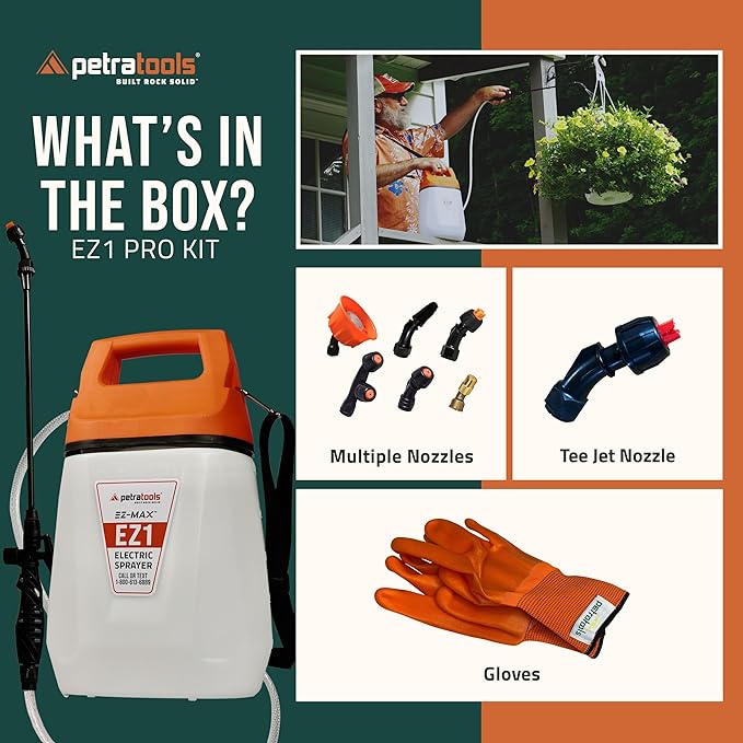 PetraTools EZ1 Battery Powered Sprayer 1 Gallon - Lawn and Garden Electric Sprayer for Weed/Pest Control, Watering & More - Battery Operated for Effortless Spraying (Pro-Kit)