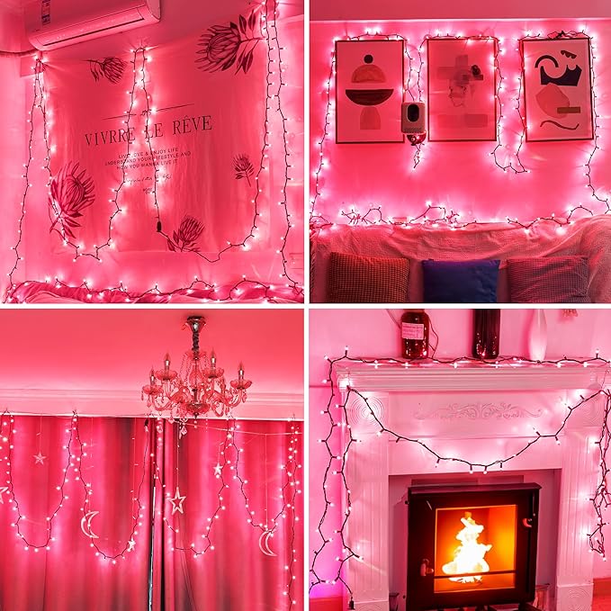 Christmas Lights Indoor Outdoor 100 Count Incandescent Light UL Certified Connectable Christmas Tree Lights with Green Wires for Xmas, Wedding, Holiday, Party, Home, Valentines Day Decoration(Pink)