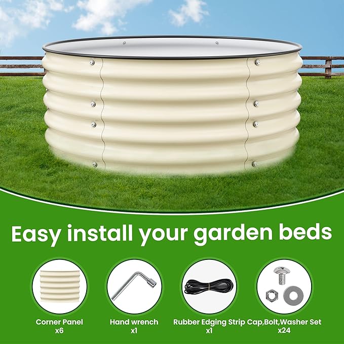 Round Raised Garden Bed Kit, 3.5x3.5x1.4Ft Outdoor Zinc-Aluminum-Magnesium Metal Flower Beds Stainless Steel Patio Ground Planter for Planting Vegetables (Ivory)
