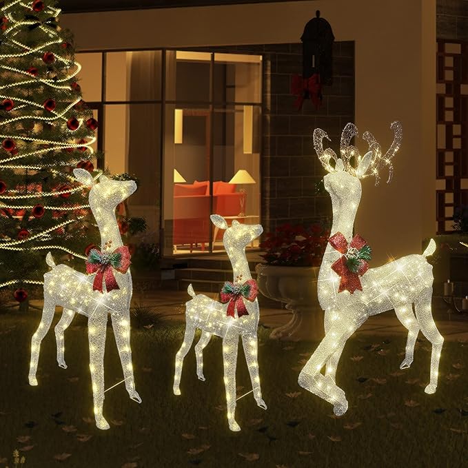 AWQM 3-Piece Lighted Christmas Reindeer, Christmas Deer Family Set with Red Bow, 50+80+100 LED Lights, Indoor or Outdoor Christmas Holiday Decoration for Yards Garden Lawn Patio Light Up Display,White