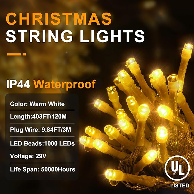 KNONEW 403ft 1000 LED Christmas String Lights Outdoor 8 Modes & Timer Fairy Light Plug in Waterproof LED Wedding Lights for Xmas Yard Tree Party Holiday Decor (Warm White)