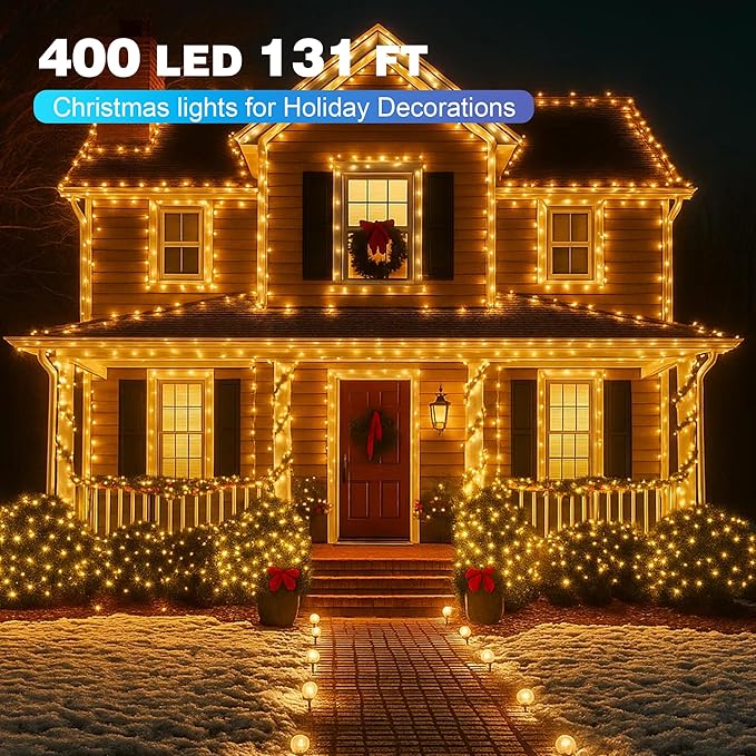 Christmas Lights 400 LED 131 FT, IP67 Waterproof Christmastree Lights with 8 Modes, Remote Control 3 Timers & Memory Function Xmas Decorations for House and Holiday (Warm White)