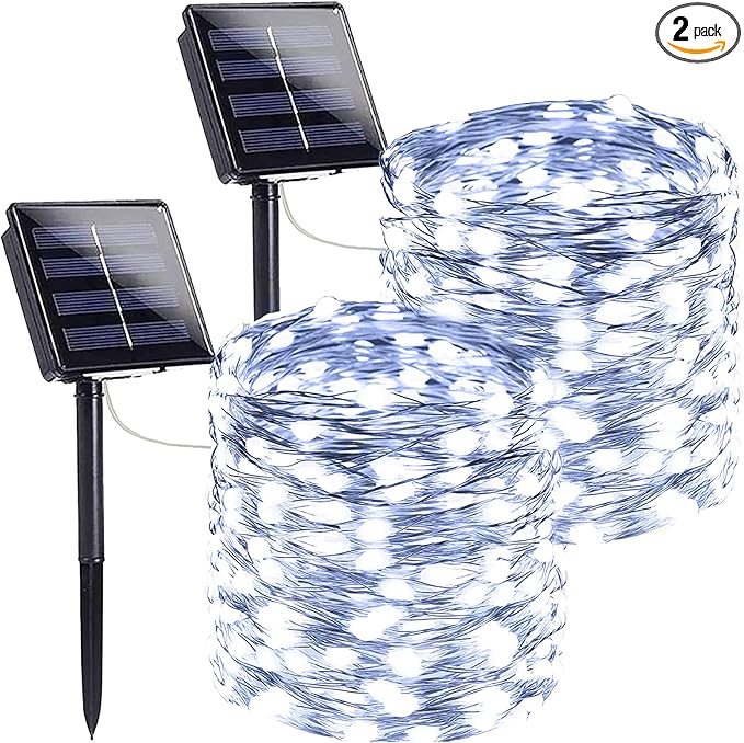 SANJICHA 2-Pack Each 72FT 200 LED Solar String Lights Outdoor, Waterproof Solar Christmas Fairy Lights Silver Wire 8 Lighting Modes Solar Twinkle Lights for Tree Garden Party Xmas Decor (Cool White)