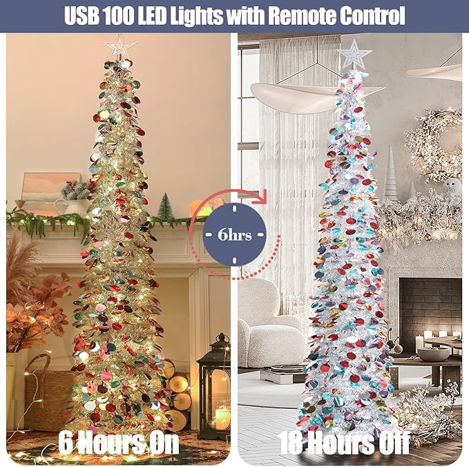 HMASYO 6 FT Pop Up Christmas Tree with 100 LED Lights & Remote, Silver Christmas Tinsel Tree, Collapsible Artificial Pencil Tree for Home Office Party Decor, USB Powered Timer Lights, Easy Assembly