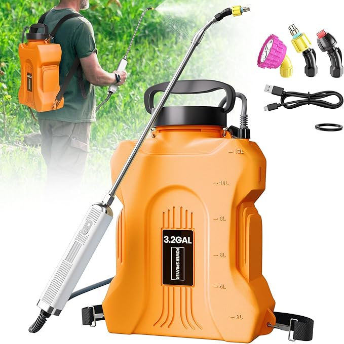 Sprayers in Lawn and Garden - 3.6 Gallon Battery Powered Sprayer with Pump, Telescopic Wand,Water Hose Nozzle - Portable Yard Sprayer for Weed Control, Fertilizing, Watering（Oranger）