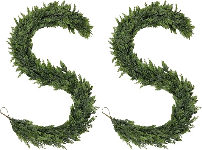 2PCS Christmas Cedar Garland 6FT Artificial Realistic Soft and Thickness Green Faux Cedar Pine Garlands, Holiday Xmas Decoration Stairs Wall Mantle Door Indoor Outdoor(2pcs, 6ft)