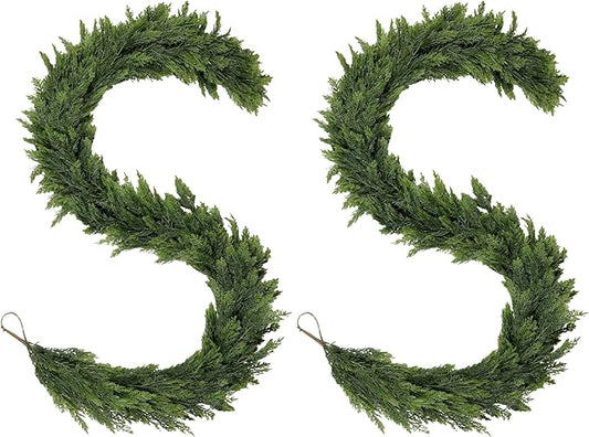 2PCS Christmas Cedar Garland 6FT Artificial Realistic Soft and Thickness Green Faux Cedar Pine Garlands, Holiday Xmas Decoration Stairs Wall Mantle Door Indoor Outdoor(2pcs, 6ft)