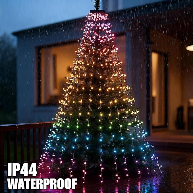 Dazzle Bright Smart Christmas Tree Lights, 448 LED Color Changing Waterfall Tree Topper Lights with Remote & APP, 8.2FT X 16 Lines RGB Christmas Light for Indoor Outdoor Party Xmas Decoration