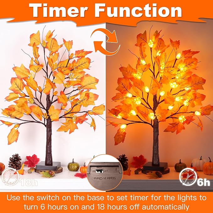 2 Pack 24 Inch Artificial Lighted Maple Tree with 48 LEDs Timer Fall Thanksgiving Decorations Battery Operated Prelit Acorn Maple Tree Lights for Thanksgiving Table Decor Home Indoor Autumn Harvest