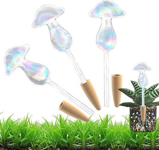 3 Pack Non-Clogging Iridescent Mushroom Plant Watering Globes with Terracotta Spikes, Hand Blown Glass Self Watering Planter Insert Plant Watering Devices Bulbs for Indoor and Outdoor Plants