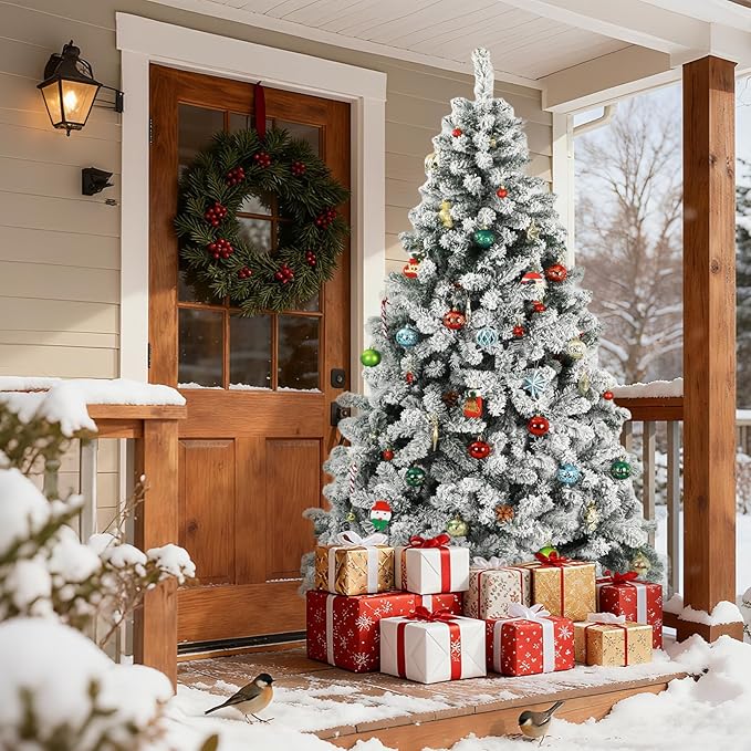 Beyond 6FT Snow Flocked Artificial Full Christmas Tree, Hinged Spruce Christmas Tree with 1100 Branch Tips, Xmas Tree with Metal Stand for Home, Party Decoration, White