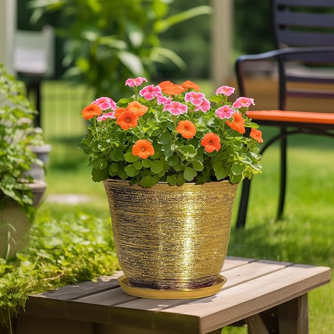 Ceramic Pots for Plants - 12 Inch Planter for Indoor Outdoor, Round Plant Pot with Drainage Hole and Saucer, Decorative Large Planter, Modern Flower Pots, House Decor, Garden Gifts, Gold