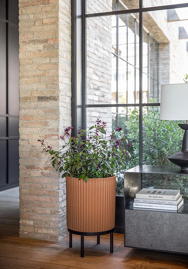 Veradek Demi Series Round Planter w/Stand for Porch/Patio | Durable Plastic-Stone Composite & Wooden Stand | Modern Décor for Tall Plants, Flowers