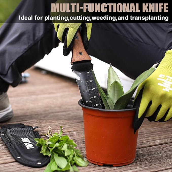 TOPLINE Hori Hori Garden Knife with Oxford Sheath, 7”Stainless Steel Blade with Cutting Edge, Folked Tip Design, Full Tang Walnut Handle, Multifunctional Garden Tools for Weeding, Planting, Cutting