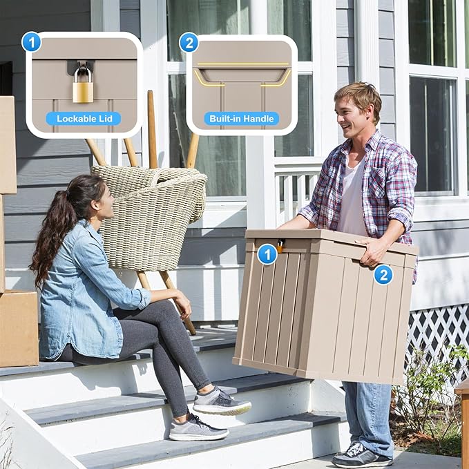 DRATO 50 Gallon Deck Box, Outdoor Storage Box for Patio Cushion, Garden Tools, Waterproof Patio Storage box, Lockable (Light Brown)