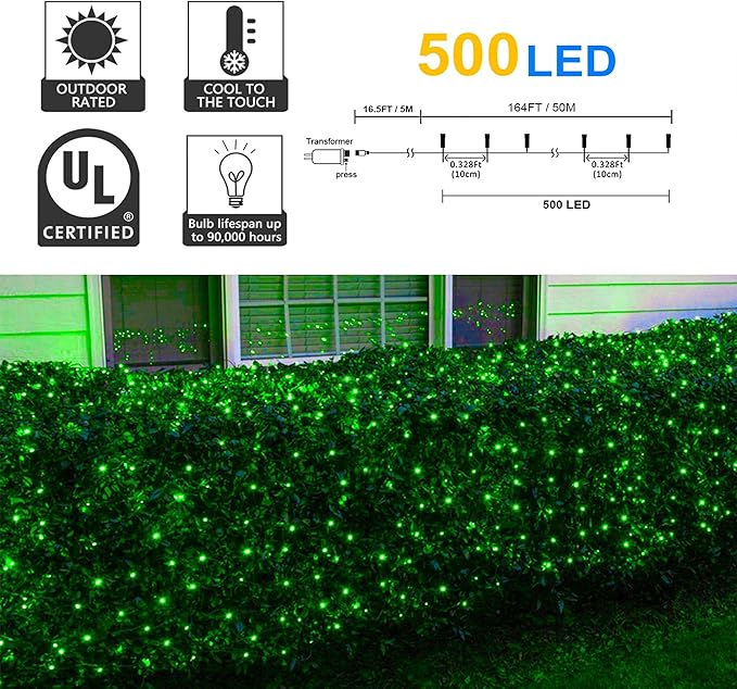164Ft 500 LED Green Christmas Lights, Waterproof 8 Twinkle with Memory Functions Green String Lights for Indoor Outdoor Tree Garden Christmas Decoration