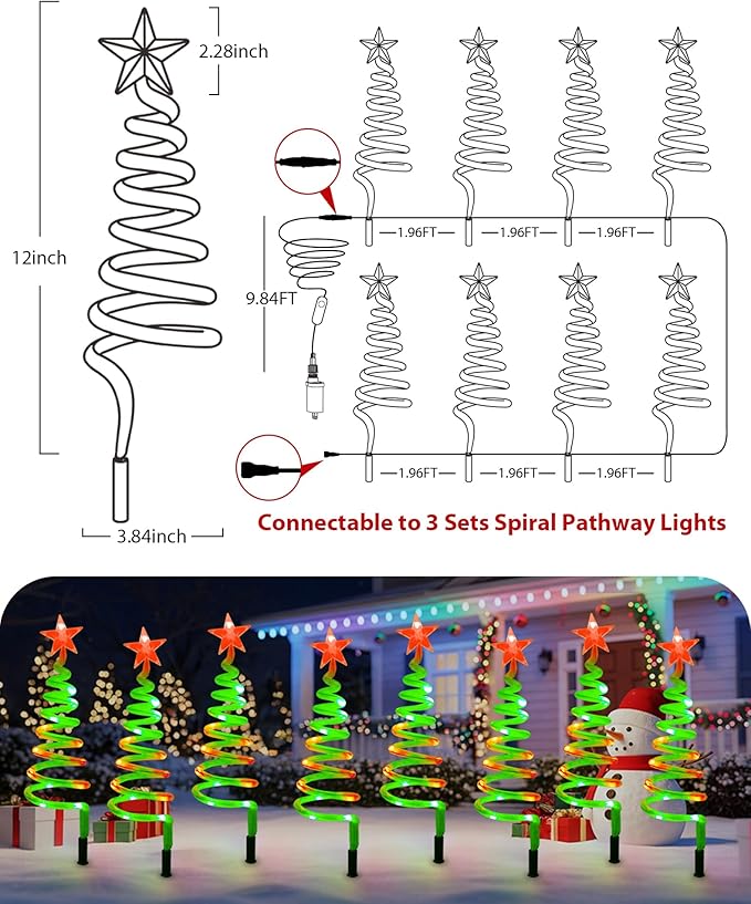 8 Pack Smart Christmas Pathway Lights Outdoor APP Control, Multicolor Connectable Spiral Tree Lights with RGB DIY, Music, Timer, Waterproof LED Christmas Outdoor Decorations for Pathway, Yard,Walkway