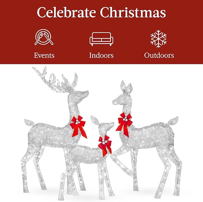 Best Choice Products 6.5ft 3-Piece Large Lighted Christmas Deer Family Set, Outdoor Yard Decoration with 385 LED Lights, Stakes, Zip Ties - Silver